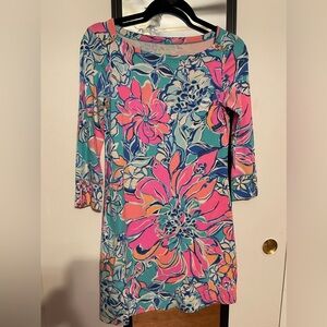 Lilly Pulitzer Pink and Blue Sheath Dress Bateau Neck 3/4 Sleeve
